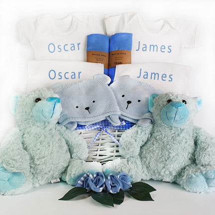 twins personalised baby gift basket blue blue baby boys