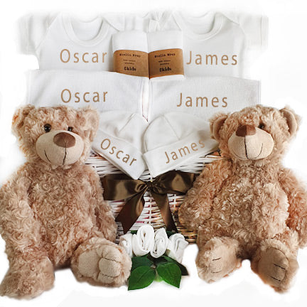 twins personalised baby gift basket neutral colour for boy's and girl's