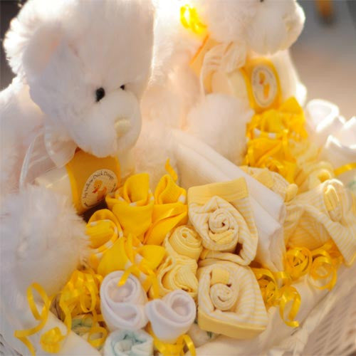 twins baby gift basket neutral yellow and white clothing and teddy bears