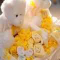 twins baby gift basket neutral yellow and white clothing and teddy bears