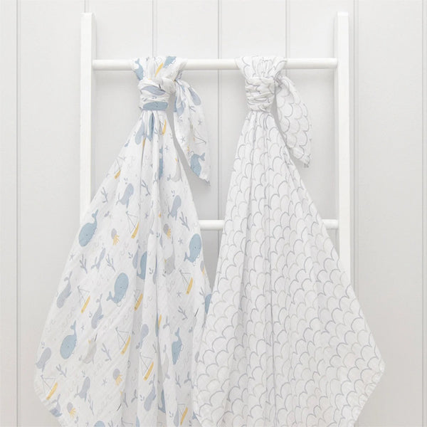 Big Blue Whale Muslin Baby Swaddle Blankets