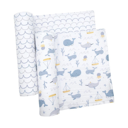 Big Blue Whale Muslin Baby Swaddle Blankets